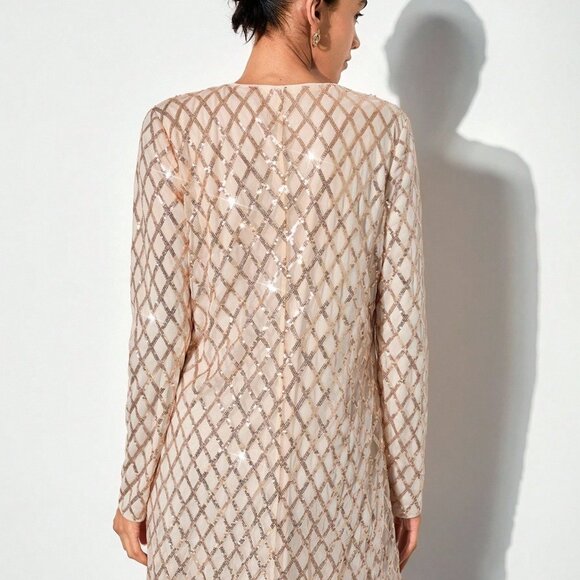 Women's Elegant Party Hollow Out bust Long Sleeve sequin Dress - Picture 3 of 6